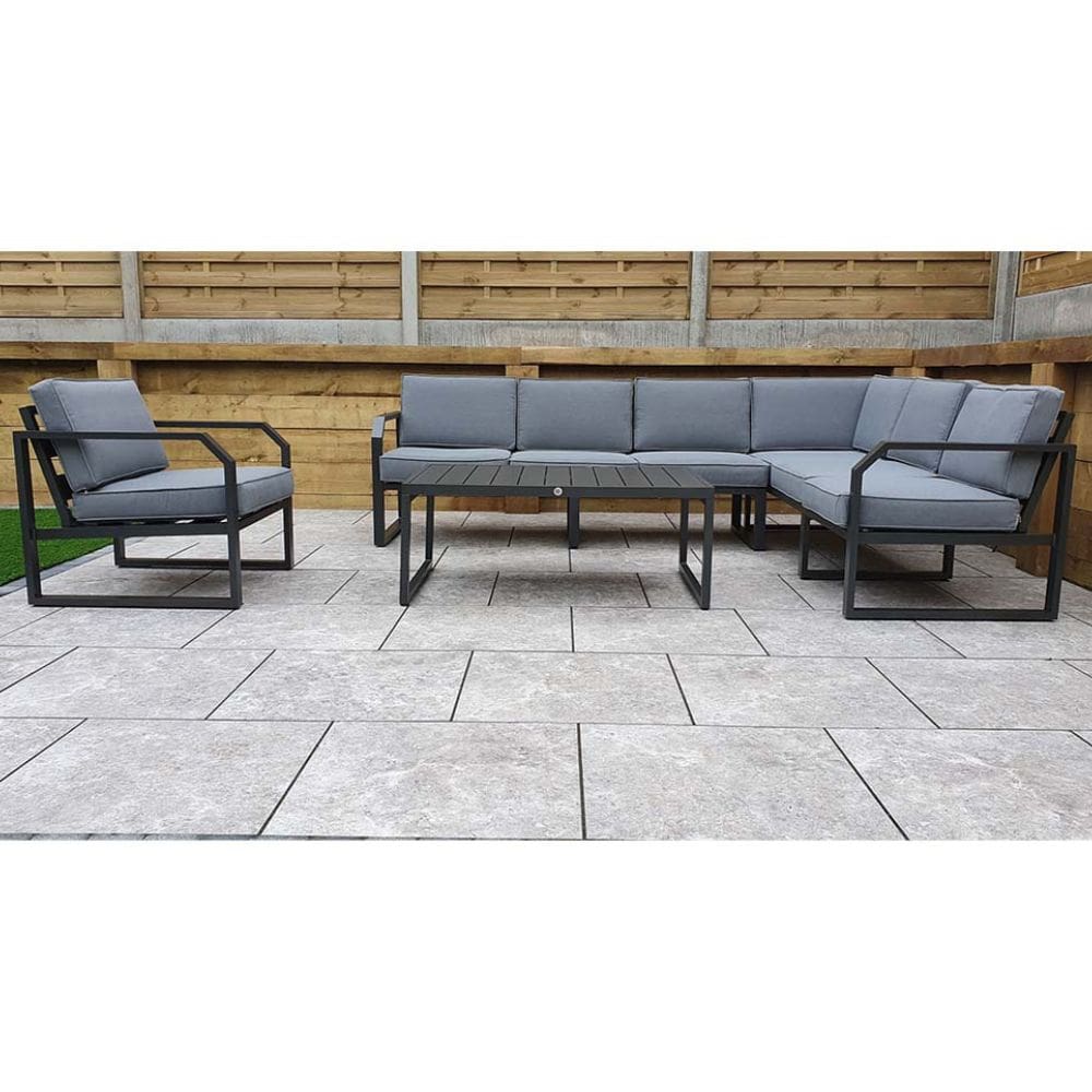 alarna corner sofa set in grey ground level view