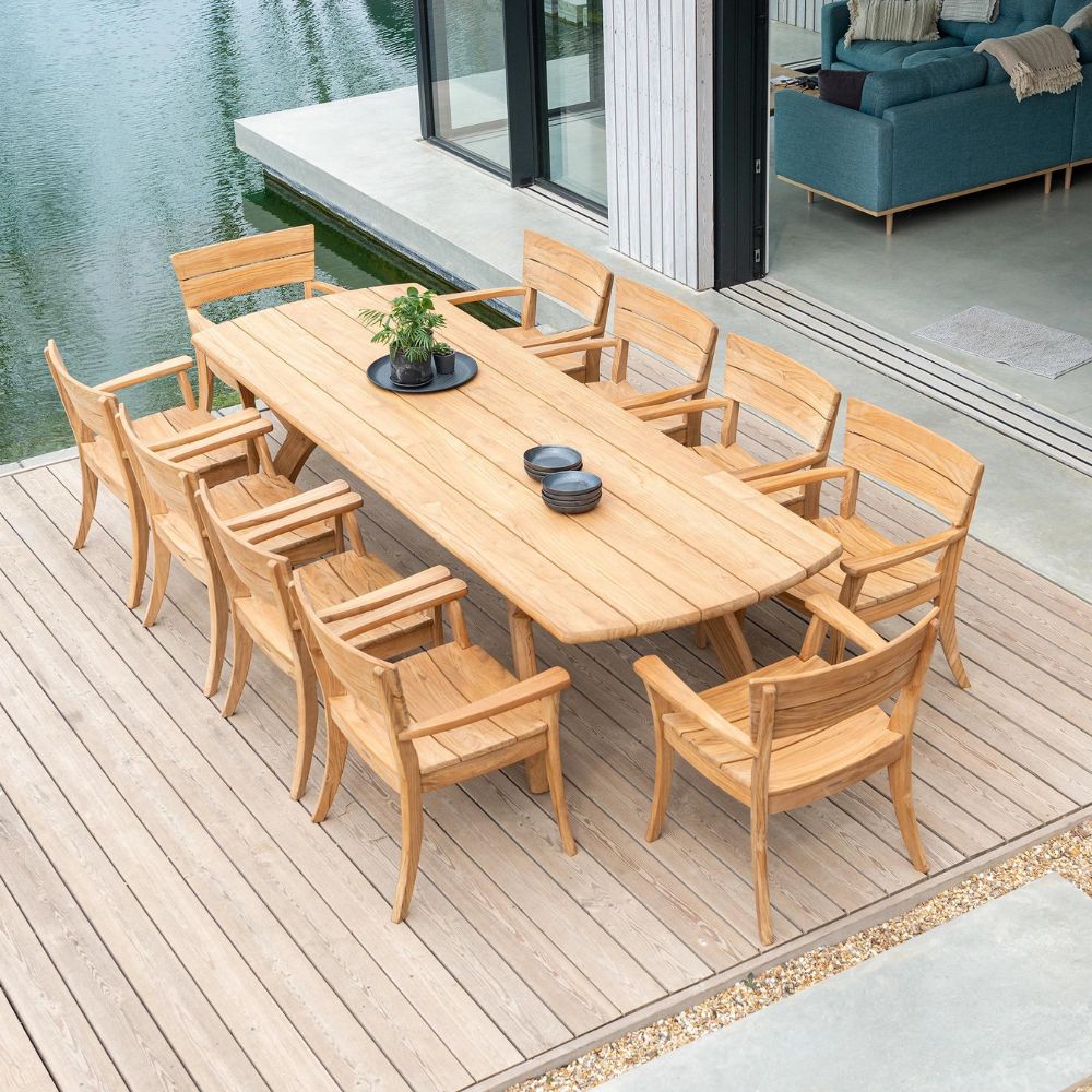 alexander rose sorrento teak dining set 10 seater wide view without seat pads