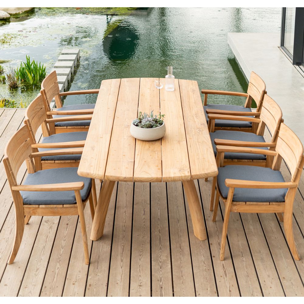 alexander rose sorrento teak dining set 6 seater with cushions front view