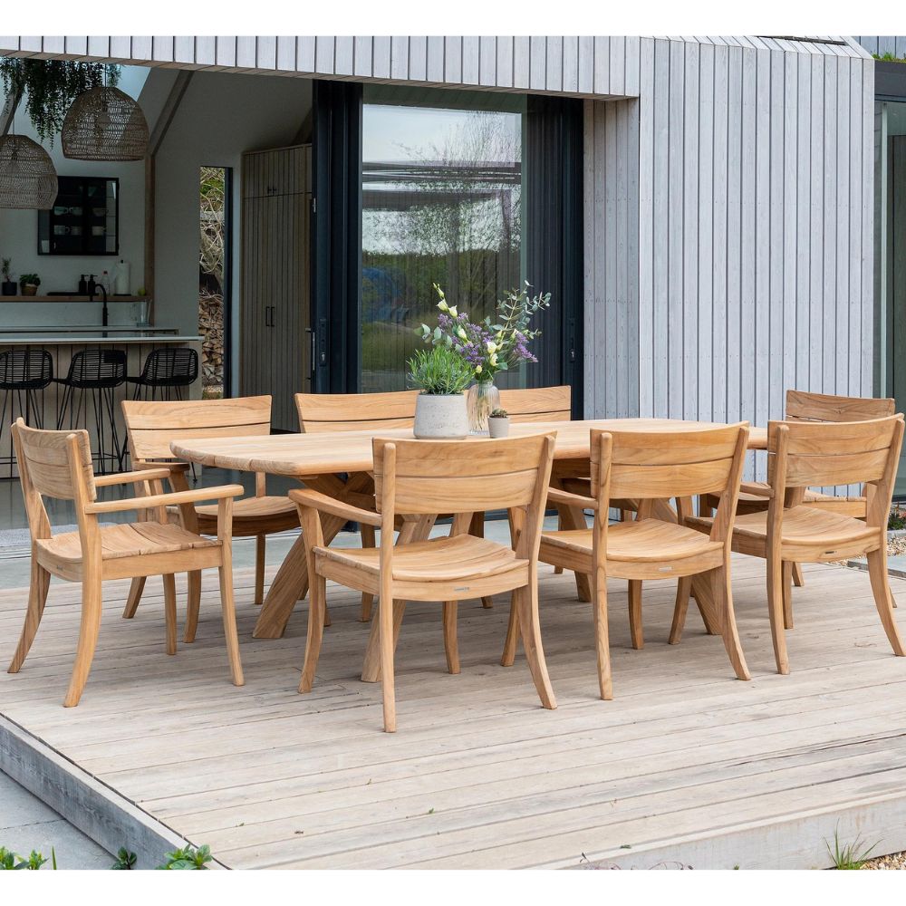 alexander rose sorrento teak dining set 8 seater on decking view
