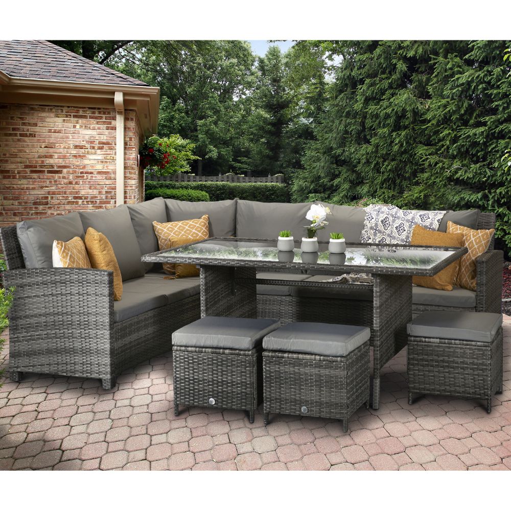 Charlotte Corner Rattan Dining Sofa Set - Glass Table