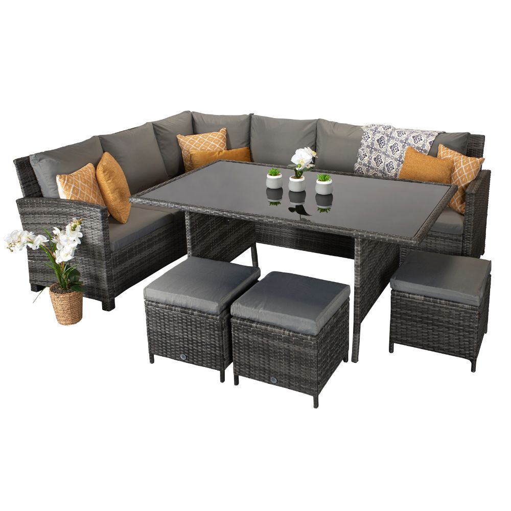 Charlotte Corner Rattan Dining Sofa Set - Glass Table