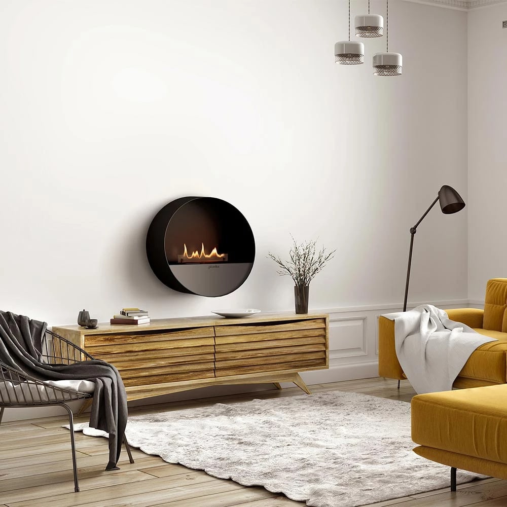 planika bubble wall and floor freestanding bioethanol fireplace wall mounted above furniture view