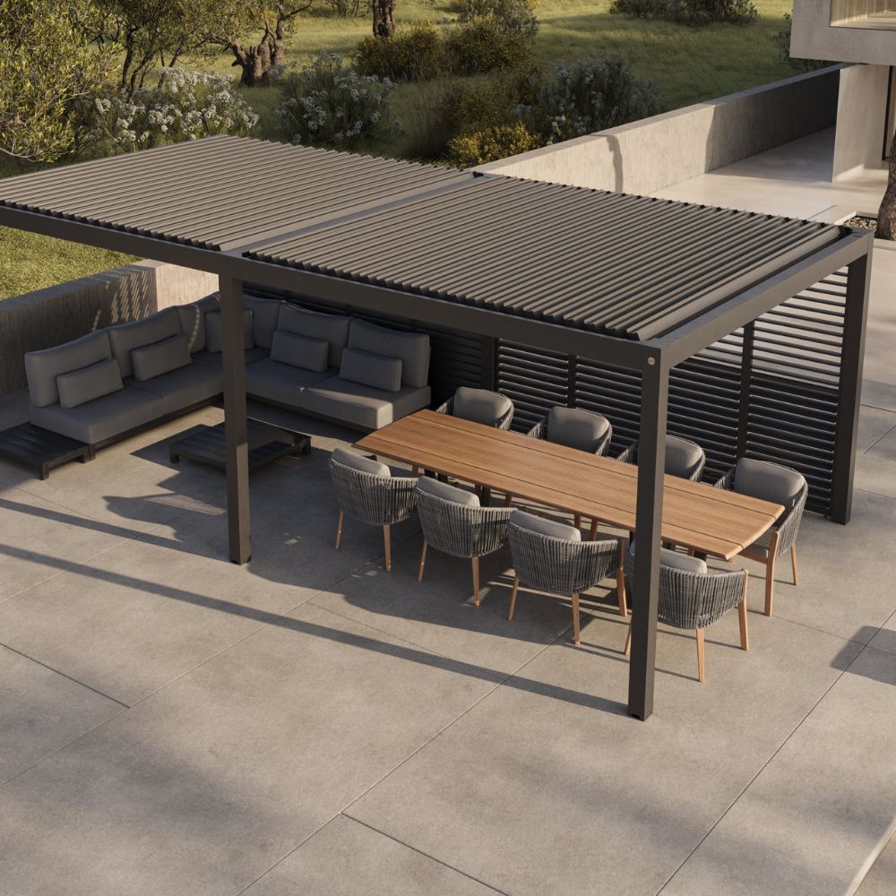 suns lifestyle luxe manual aluminium louvered roof pergola matt royal grey side view 