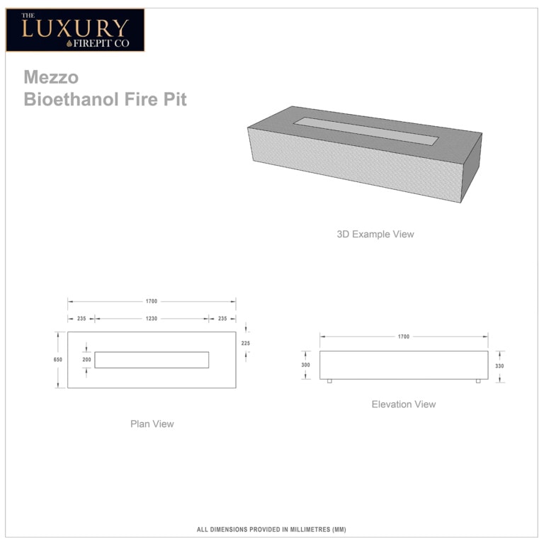 The Luxury Fire Pit Co Mezzo Bioethanol Fire Pit Tech Drawing Image