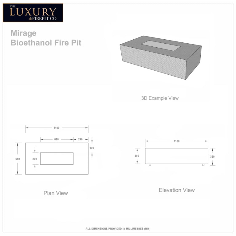 The Luxury Fire Pit Co Mirage Bioethanol Fire Pit Tech Drawing Image